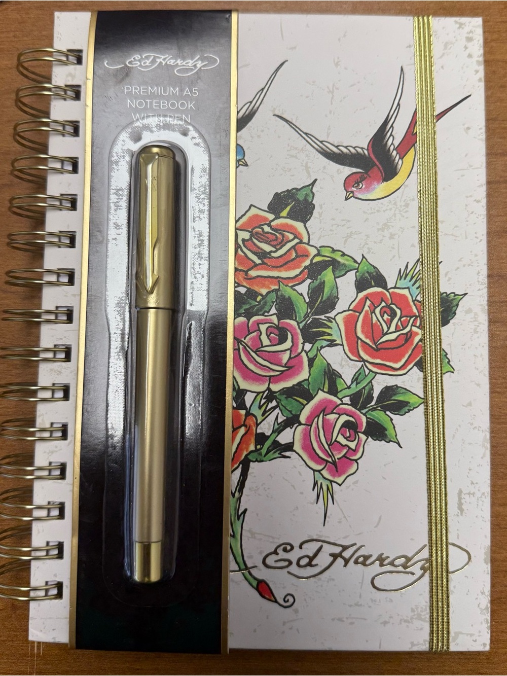 Ed Hardy White Floral A5 Spiral Notebook with Gold Pen